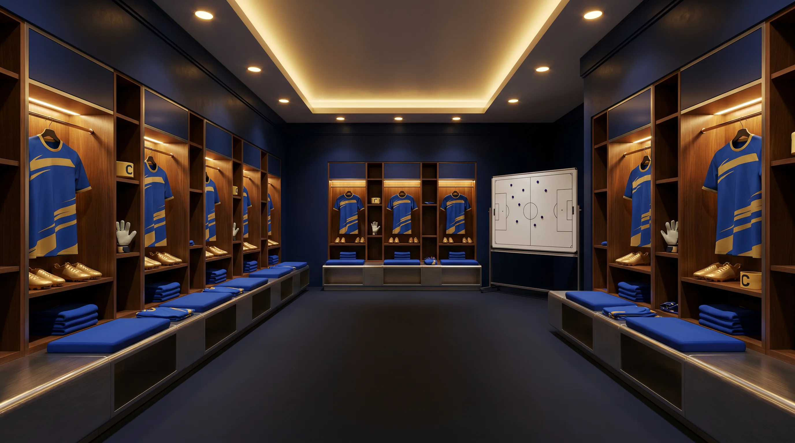 Premium empty football locker room with blue and gold kit, boots and tactical board